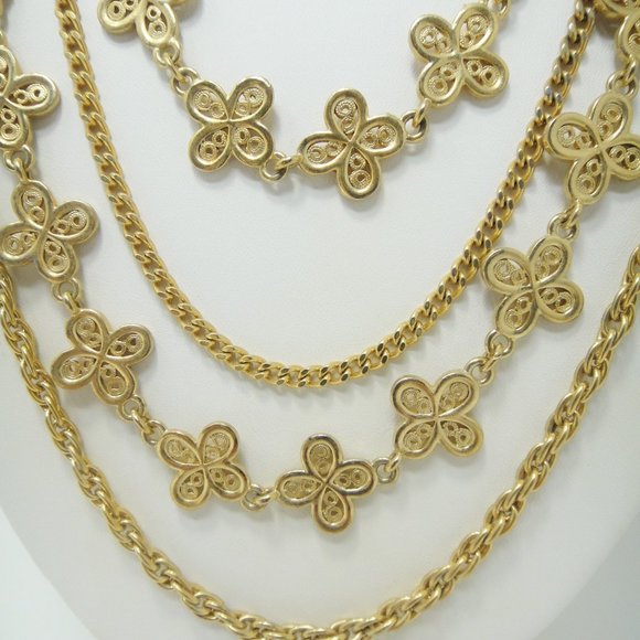 Multi Strand Clover Motif Necklace Gold Tone Chains 4 - Picture 2 of 7